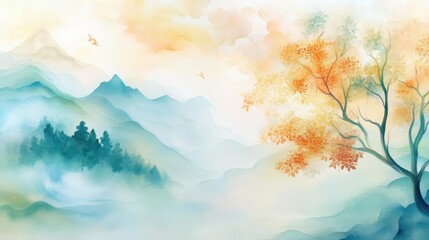 Fototapeta premium Serene Watercolor Bliss - Tranquil Artwork in Soft Tones with Harmonious Transitions Creating a Feeling of Contentment