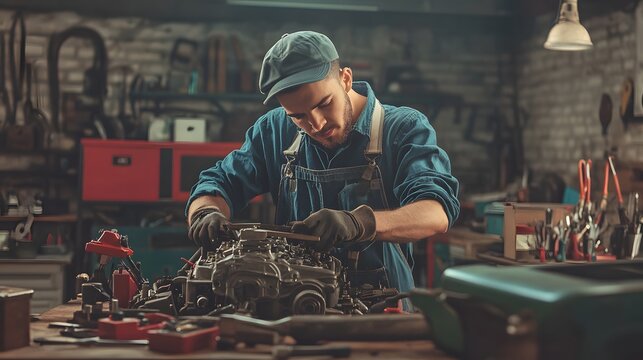 1. "A skilled car repairman in a workshop, wearing overalls and a cap, working on a car engine with various tools spread out on a workbench