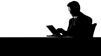 A silhouette of a businessman seated at a desk with a laptop