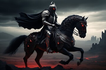 Fototapeta premium A dark fantasy knight, adorned in intricate armor, rides a glowing, demonic horse. The eerie landscape and desolate city ruins set a foreboding tone