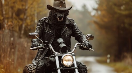 Person wearing a black leather jacket and a cowboy hat, with a wolf mask on their face, riding a motorcycle. The setting is a forest road with autumnal trees