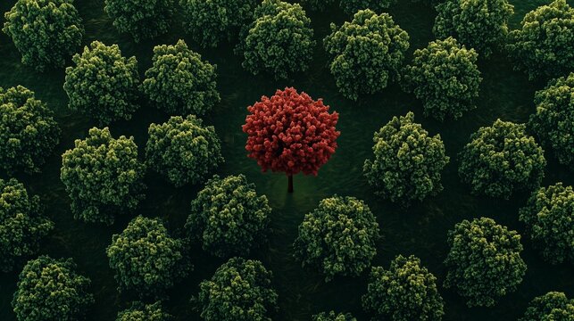Aerial view of a single red tree standing out among green trees, symbolizing uniqueness, special talent, and leadership.