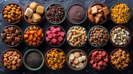 Varied Assortment of Artfully Arranged Pet Treats on Rustic Backdrop
