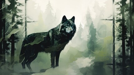 An abstract artistic representation of a wild wolf silhouette mirrored