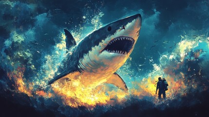 Fototapeta premium Deep Dive. Adventure with Sharks