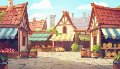 Vibrant village market. Medieval market scene. Sunny day at the market. Cartoon 2d game illustration background.
