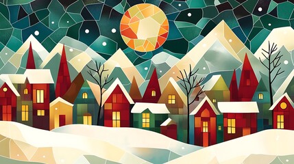 Serene Winter Village Stained Glass Illustration in Minimalist Flat Style with High Resolution
