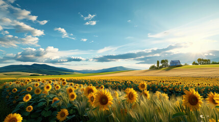 Obraz premium Vast sunflower field stretching under a clear blue sky, with rolling hills and a distant farmhouse, capturing rural tranquility.