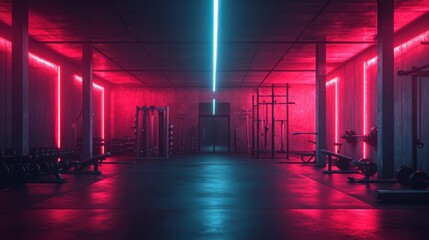 "Modern gym interior with neon lights and high-tech equipment in an empty futuristic workout space. Fitness center, advanced gym, glowing red and blue lights, clean design, exercise, training. 