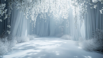 A dreamy, ethereal scene of a winter wonderland adorned with delicate white blossoms and frosty foliage