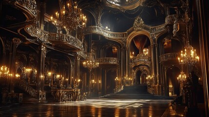 Obraz premium Intricately designed ornate dark ballroom with lavish furnishings and elaborate gold trim dramatic lighting highlighting the gothic grandeur and mystique