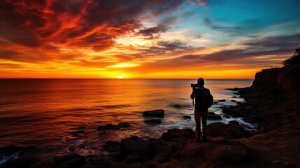 Fototapeta premium Darkened silhouette of a person taking photos of the sea from a high vantage point,