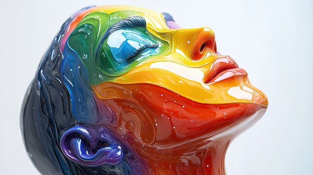 Head sculpture in vibrant rainbow colors celebrating LGBTQ pride with intricate details and modern artistic touch