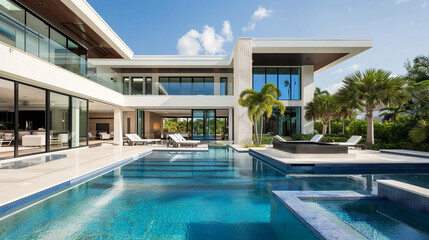 a high resolution image of a luxurious swimming pool surrounded by an exquisite house with modern architecture, featuring expansive glass walls and elegant landscaping.