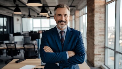 Fototapeta premium Portrait of a handsome CEO smiling, standing confidently with crossed arms in an industrial office setting.