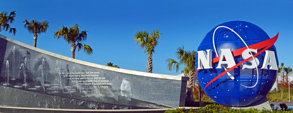 Kennedy Space Center, Florida, USA: National Aeronautics and Space Administration sign at the entrance