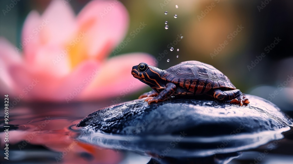 Sticker  A tight shot of a turtle atop a submerged rock, surrounded by water, and a pink blossom in the backdrop