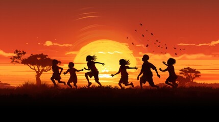 Fototapeta premium Silhouette of a group of children jumping and playing together on a grassy field during sunset,