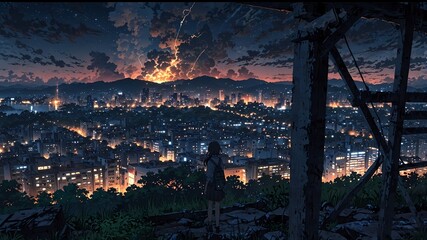 Fototapeta premium Post-Apocalyptic Cityscape: Hyper-Realistic Abandoned City with Bioluminescent Fireflies and Midnight Clouds