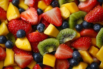 Obraz premium A vibrant close-up of a mixed fruit salad with strawberries, kiwi, blueberries, and mango chunks, showcasing fresh and colorful ingredients