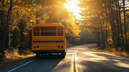 Obraz premium yellow school bus driving down the road in an autumn forest