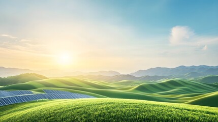 Fototapeta premium Green Hills Solar Panels Sustainable Energy Landscape