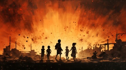 Fototapeta premium Silhouettes of children fleeing through a barren, war-ravaged landscape