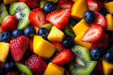Obraz premium A vibrant close-up of a mixed fruit salad with strawberries, kiwi, blueberries, and mango chunks, showcasing fresh and colorful ingredients