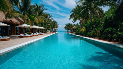 A luxurious resort swimming pool with security staff maintaining safety