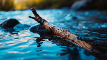  A log jutting from the water, with a rock at its center, and a separate rock submerged in the middle