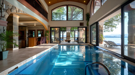 Indoor pool of private villa with lake view and  background ai generative