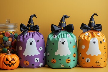 Halloween themed colourful treat bags with Halloween designs and patterns, orange background
