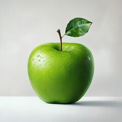  A vibrant green apple with a single leaf, detailed with water droplets, set against a minimalist background - AI Generated Digital Art