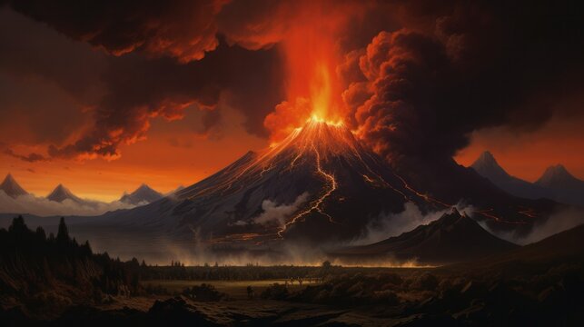 Vivid depiction of a volcanic eruption with a towering column of ash and steam rising from the volcano's summit - Powered by Adobe