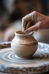 Close-up of a potter hand working with a tool on a potter's wheel leveling the surface of a vase.