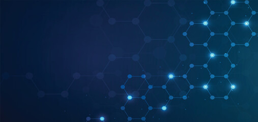 Hexagons pattern blue background. Genetic research, molecular structure. Chemical engineering. Concept of innovation technology. Used for design healthcare, science and medicine background