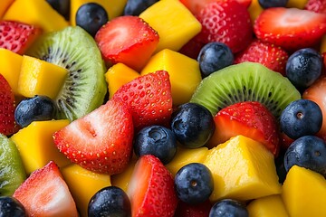 Obraz premium A vibrant close-up of a mixed fruit salad with strawberries, kiwi, blueberries, and mango chunks, showcasing fresh and colorful ingredients