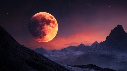  A red moon rises over a mountain range, its reflection casting a reddened glow on the peaks below Above the range, the night sky is dominated by an equally red full moon