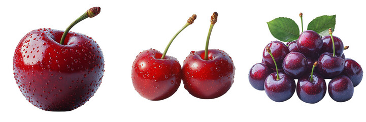 Fresh Juicy Red Cherries with Stems and Water Droplets on Transparent Background Perfect for Healthy Snack and Summer Fruit Designs