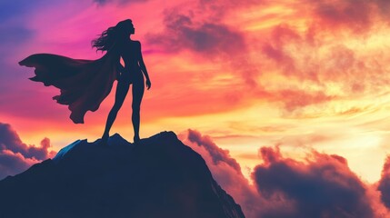 Superhero woman with a confident stance on a mountain top, silhouette against a colorful sky, symbolizing power and freedom.