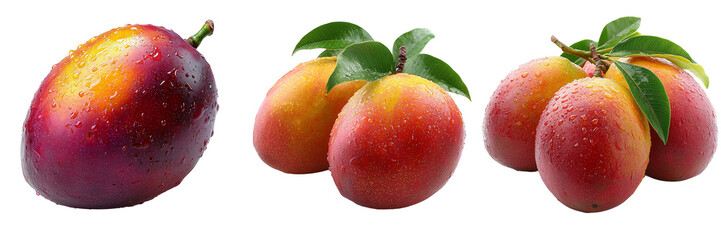 Fresh Whole Mangoes with Water Droplets and Leaves on Transparent Background for Tropical Fruit Illustrations and Healthy Food Concepts
