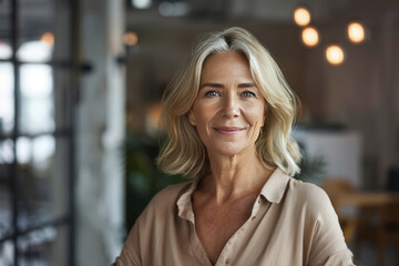 Obraz premium Smiling confident old senior businesswoman against blurry office in background