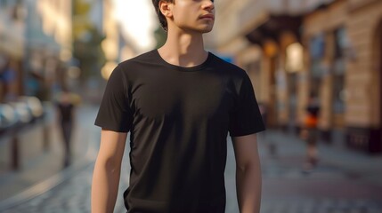 Fototapeta premium This high-resolution mockup showcases a young male model wearing a black t-shirt on a bustling city street.