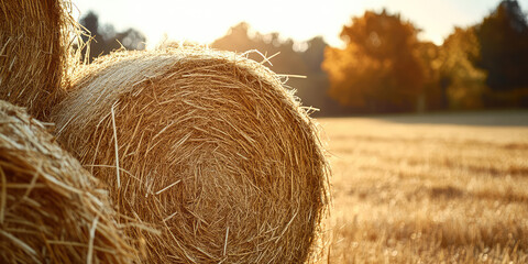 Close-up of stacks of harvested hay in a fall background on a sunny day. Straw bales harvest