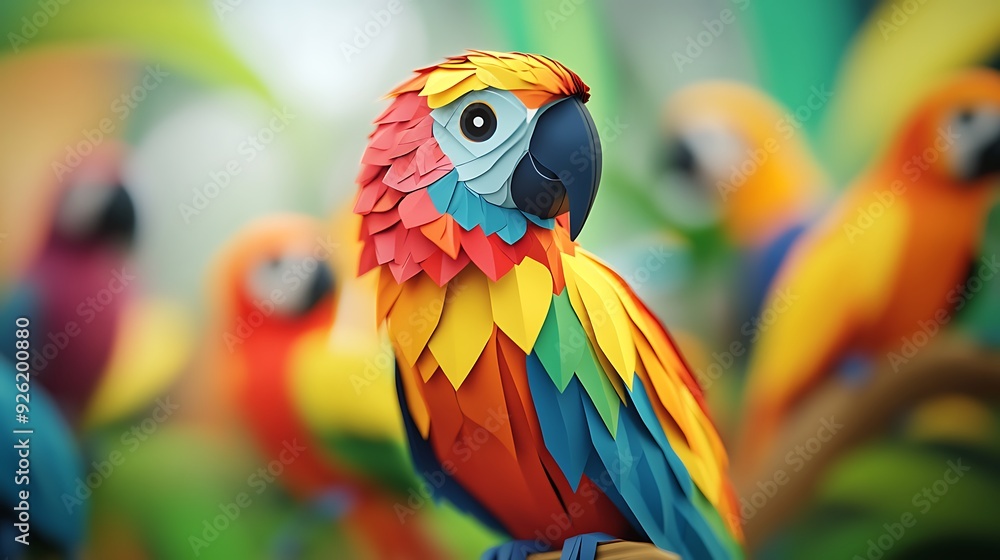 Poster vibrant 3d paper parrot with layered cut-out design and depth of field, close-up shot with colorful 