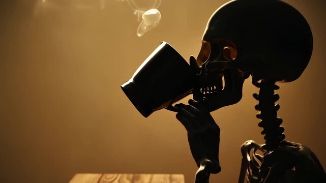 Funny skeleton drinks awakening energetic drink that will make him human. Metaphor, cheerful morning. Fresh aromatic hot coffee in coffee shop. Humor, cafe place advertising, ad on Halloween. Fun joke