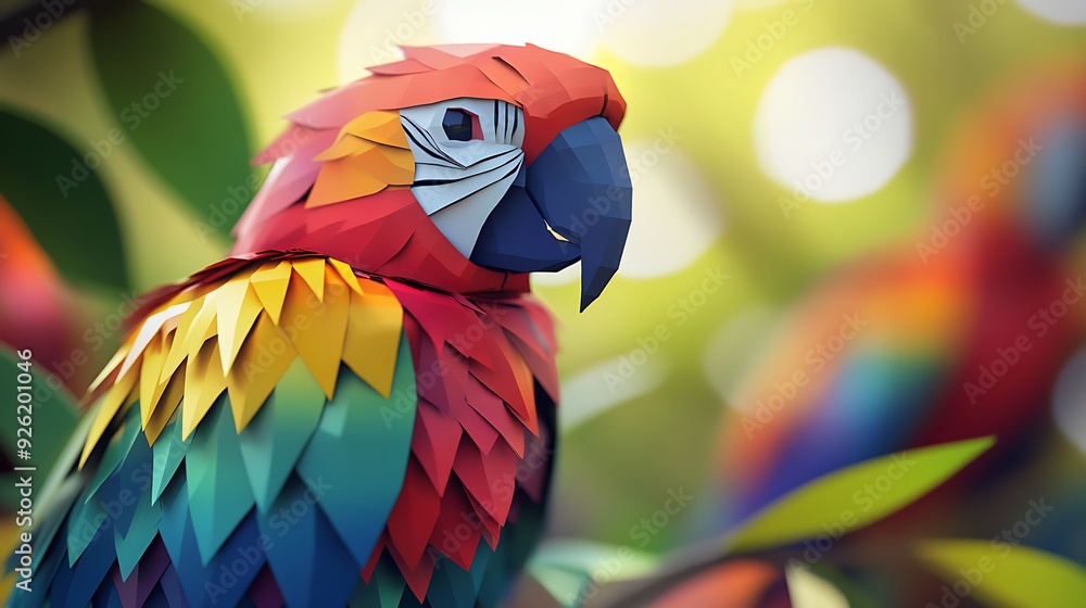 Poster vibrant 3d paper parrot craft with depth of field close-up shot and blurred background of colorful b