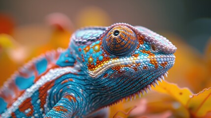 Colorful chameleon perched among autumn leaves in a vibrant garden