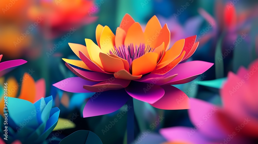 Poster intricate 3d render of vibrant paper flower with depth of field in close-up shot