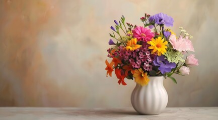 white vase with colorful flowers on the table against a light background